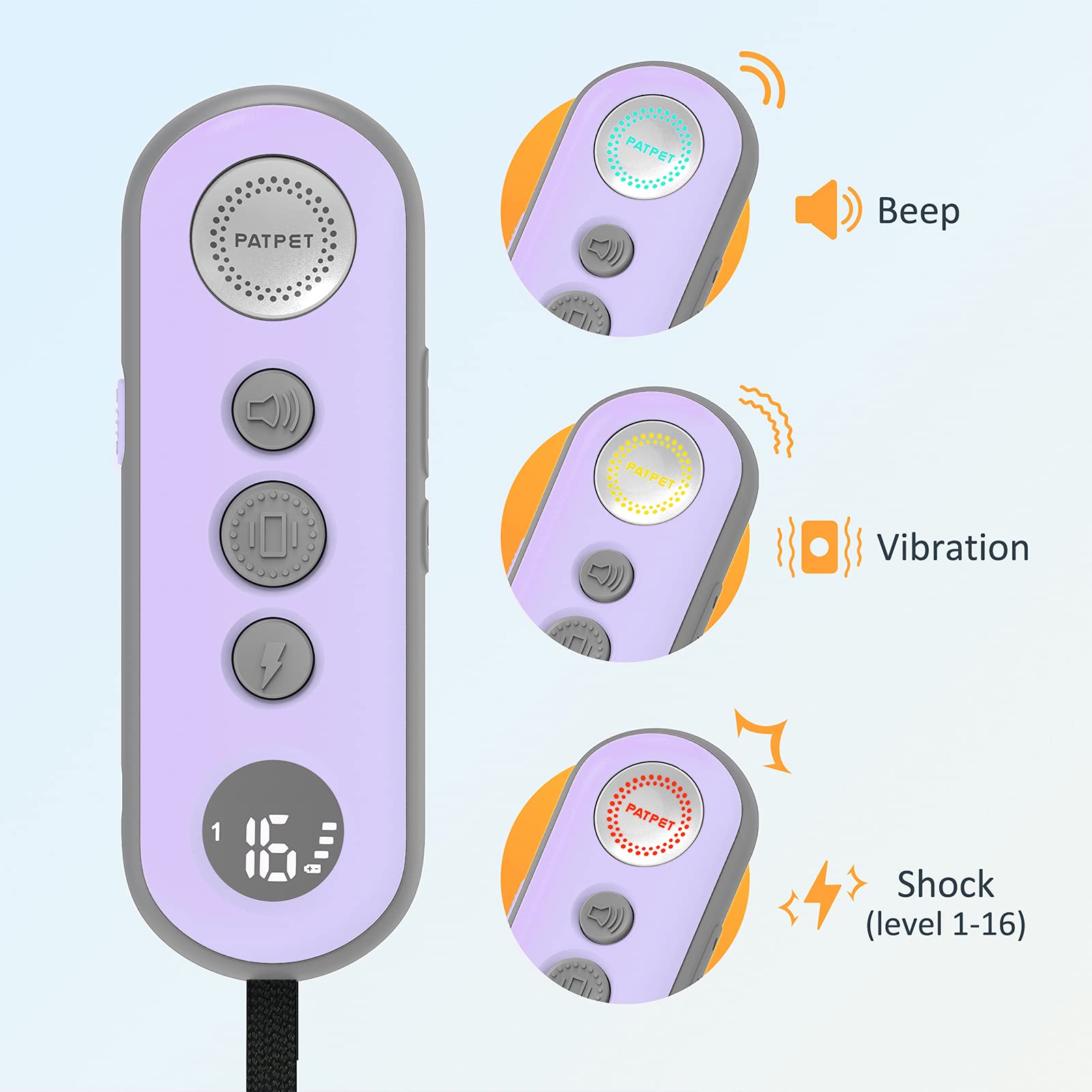 PATPET 2 Training Collar dual-dog design enabling easy Dog 1 and Dog 2 switching.
