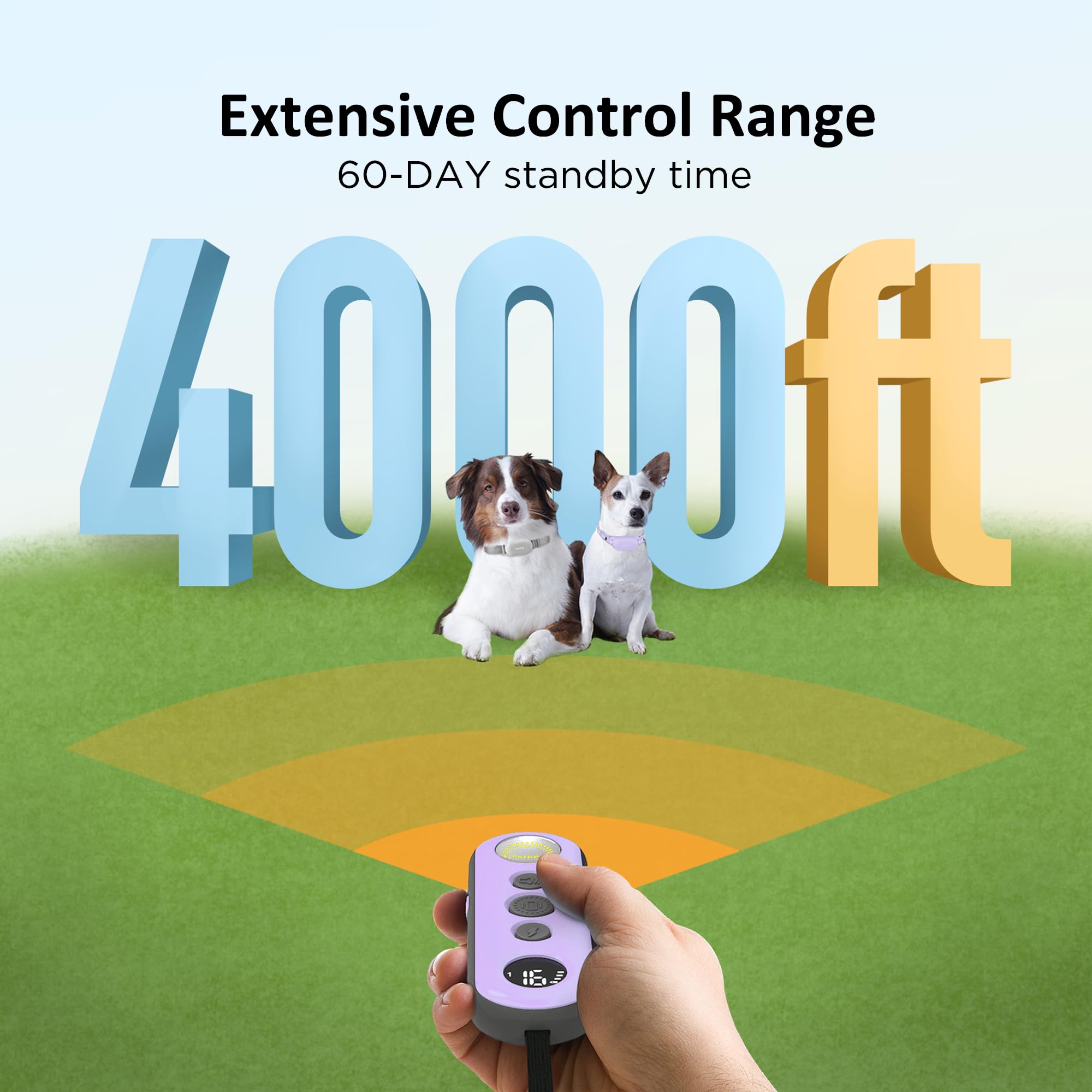 PATPET 2 Training Collar remote shows 4000ft range for open-area training with two dogs.