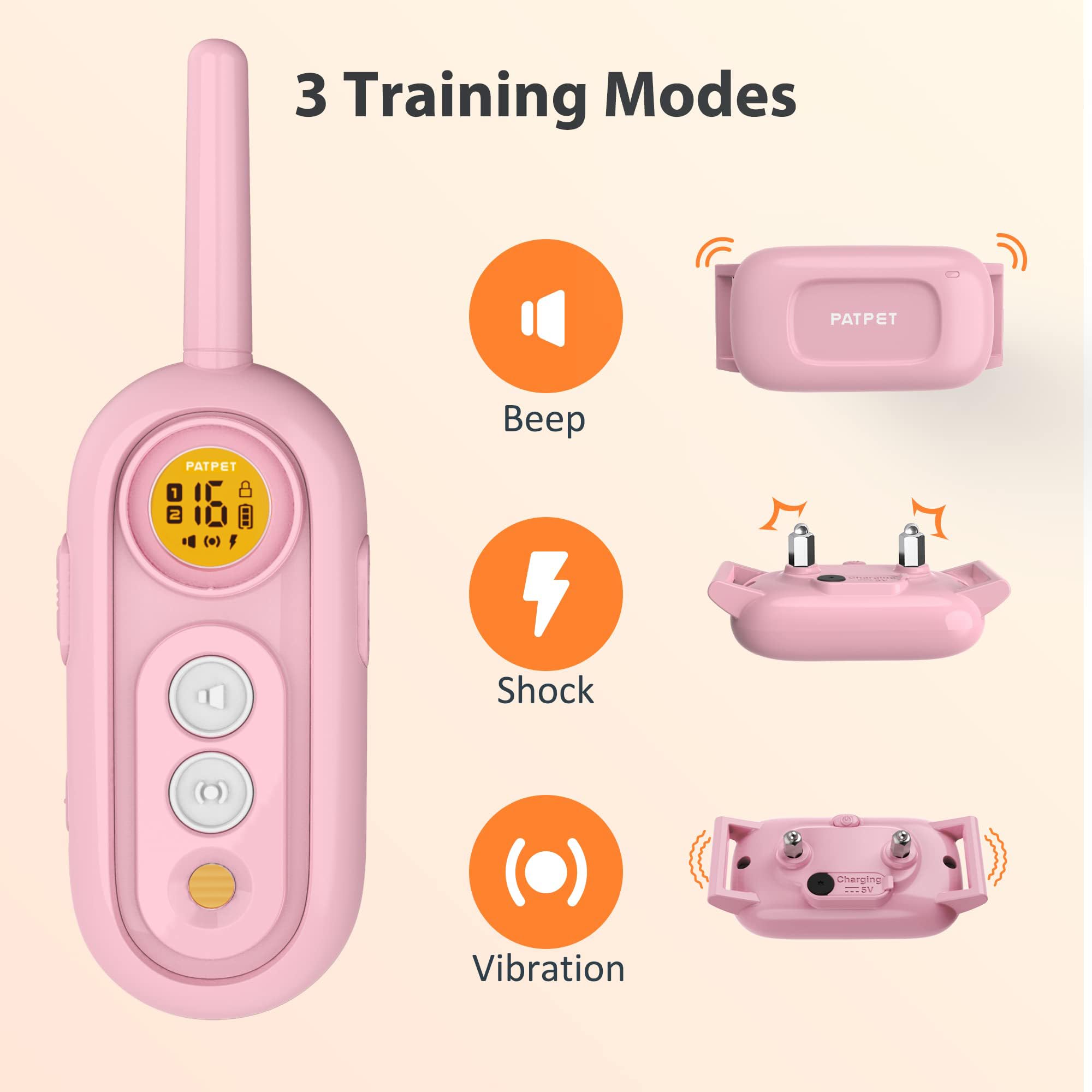 PATPET collar shows beep and vibration modes for gentle training