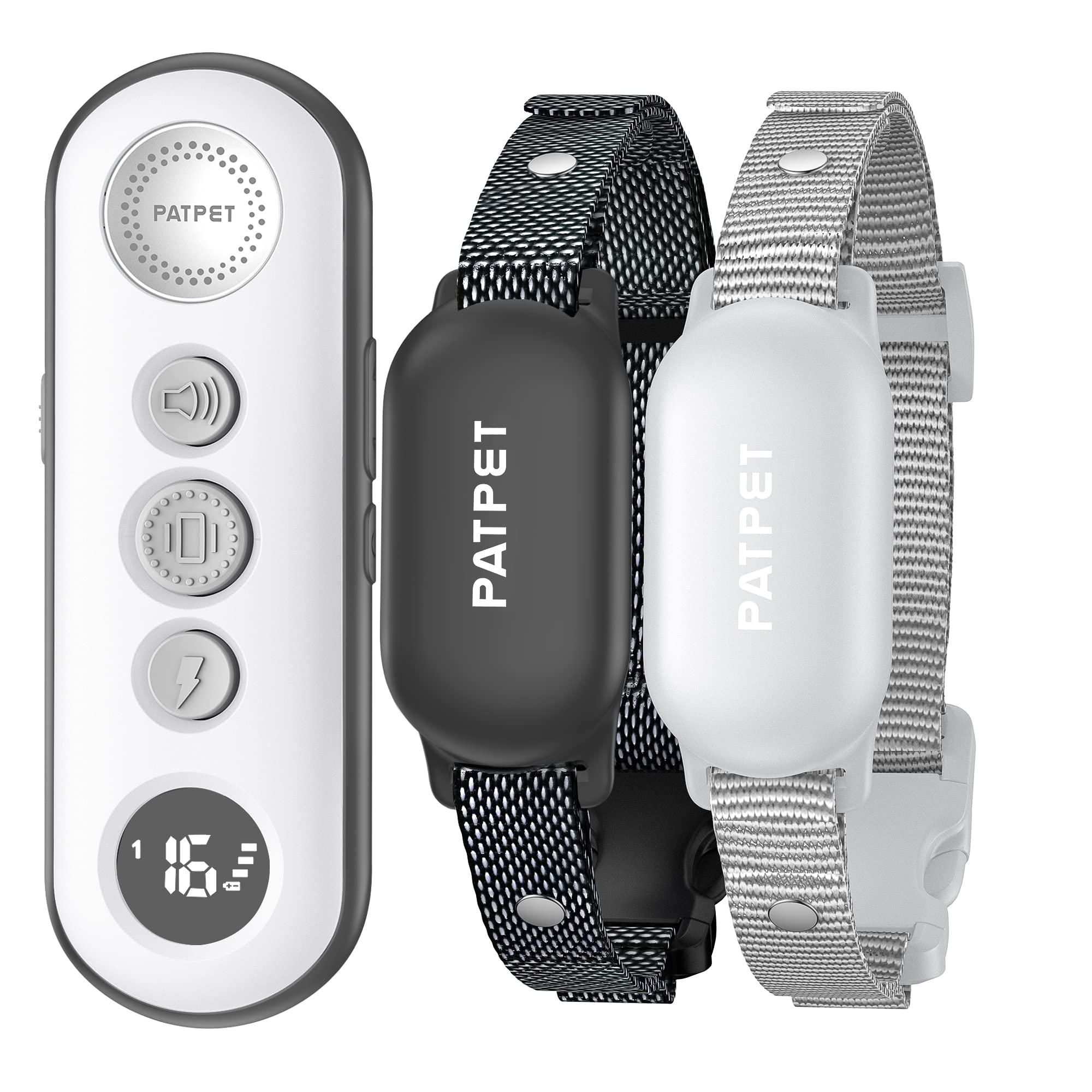 PATPET dual-dog shock collar for simultaneous training with clear remote switches.