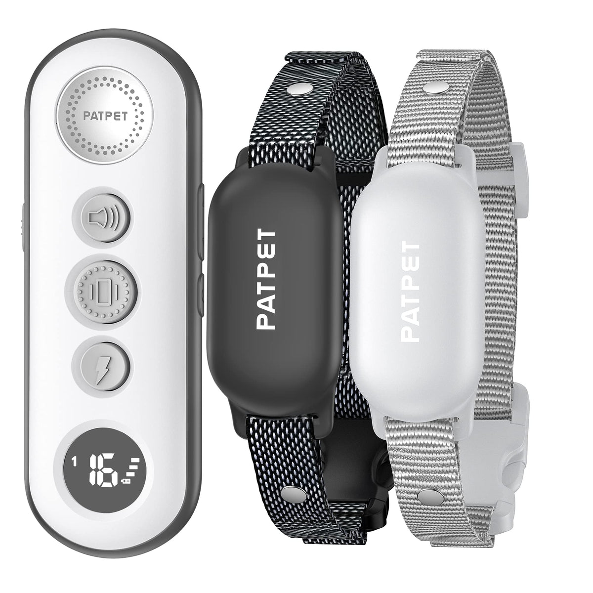 PATPET dual-dog shock collar for simultaneous training with clear remote switches.