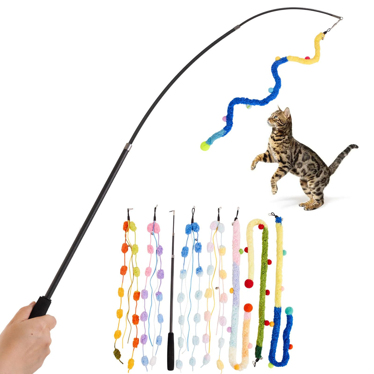 PATTEPOINT Cat Wand Toy with retractable plush strip for engaging indoor play