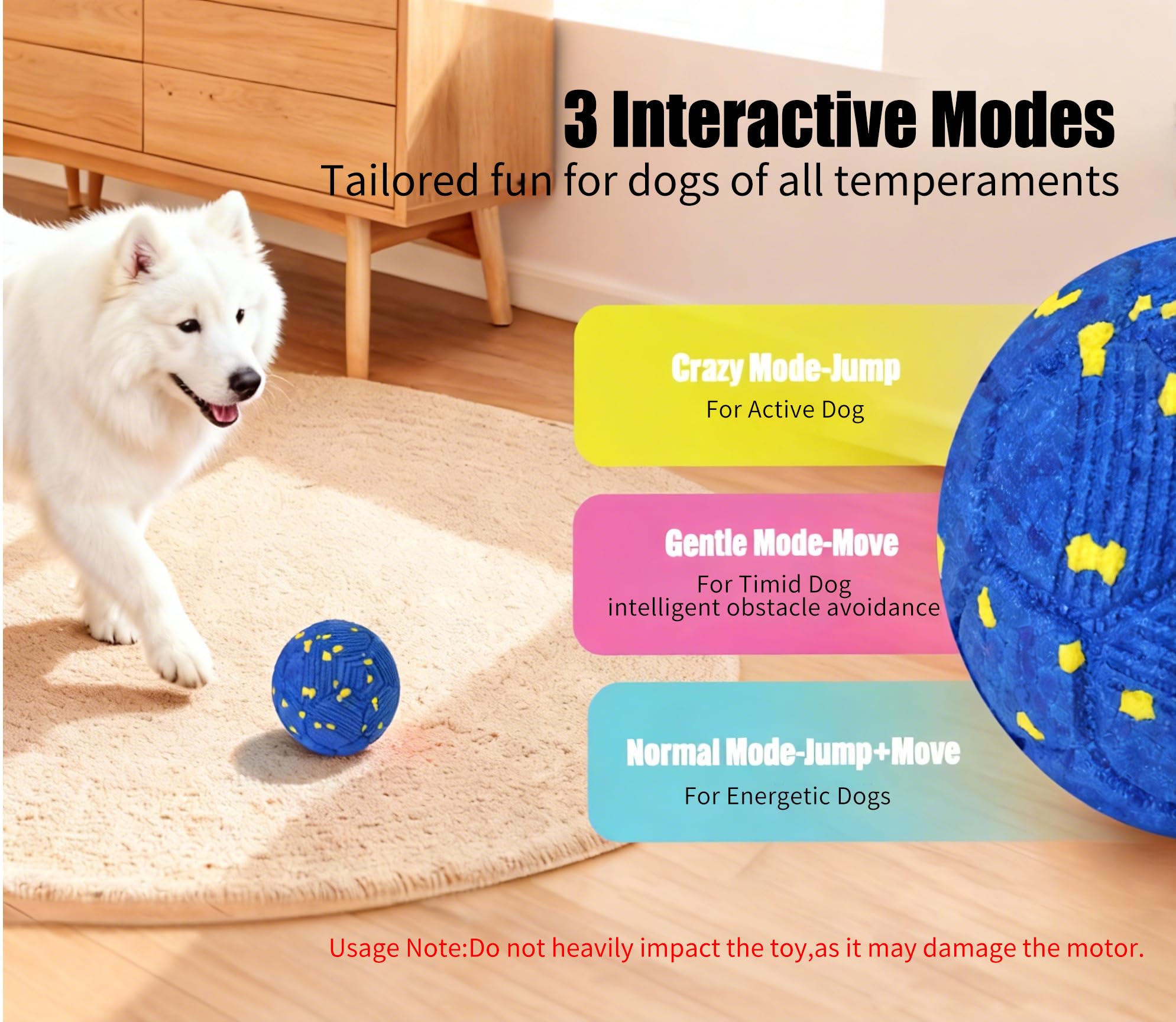 Patzoober ball showing three modes Crazy Gentle Normal for energy levels