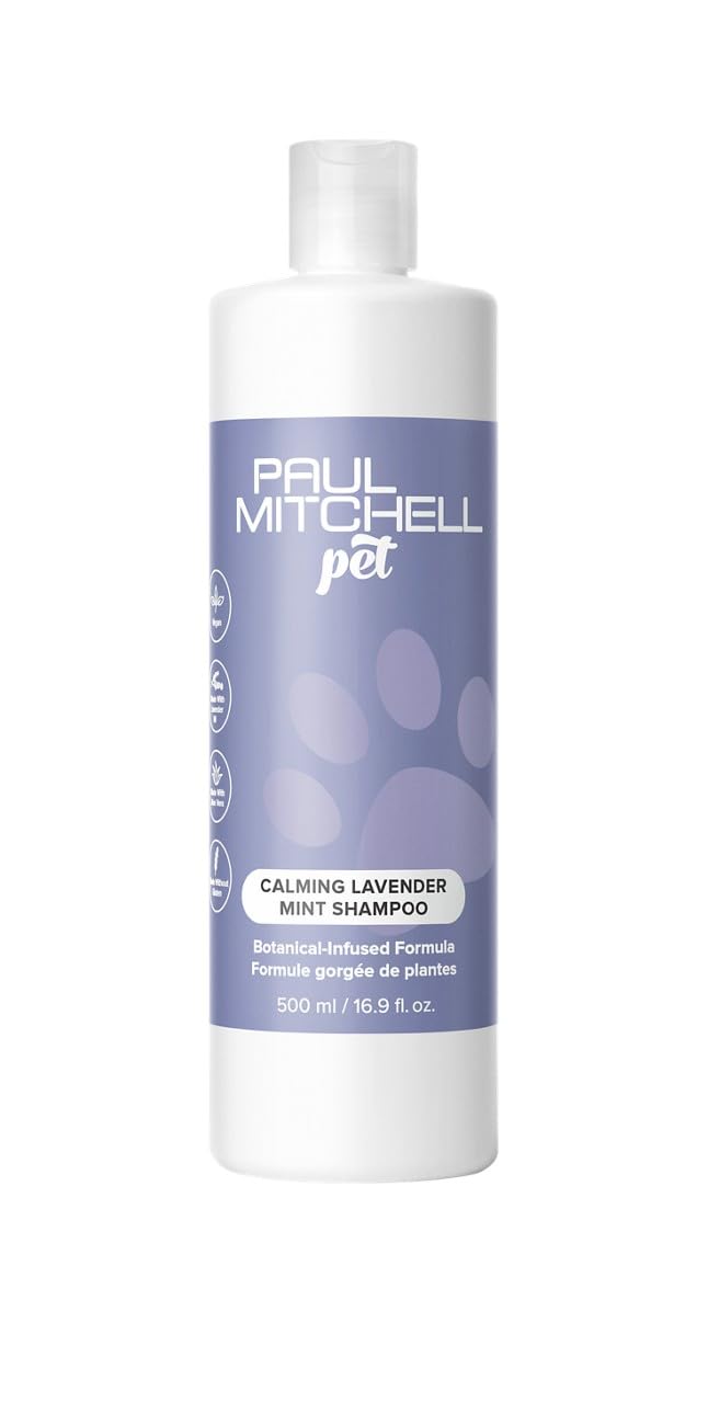 Paul Mitchell Pet calming lavender mint shampoo bottle shows spa-inspired cleansing for dogs with gentle coat care