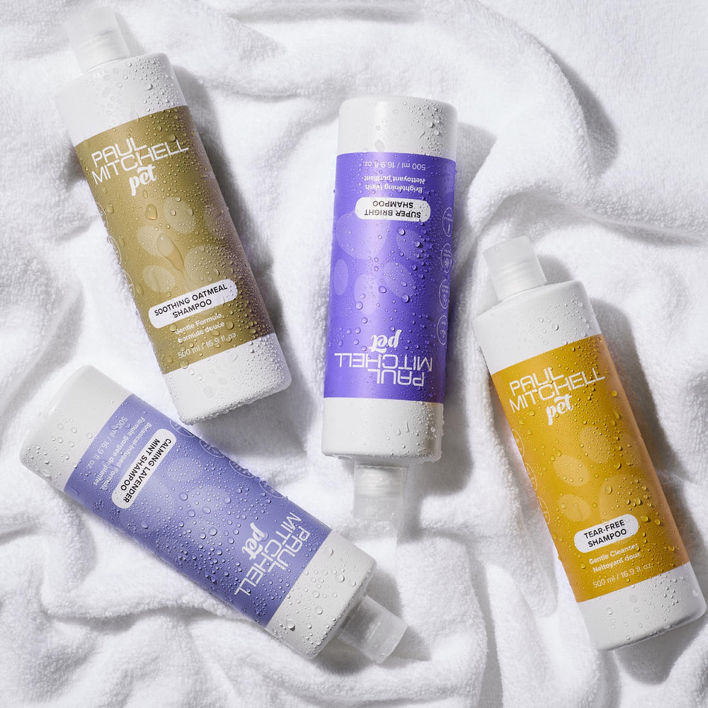 Paul Mitchell Pet Tear-Free Shampoo packaging emphasizes vegan formula.