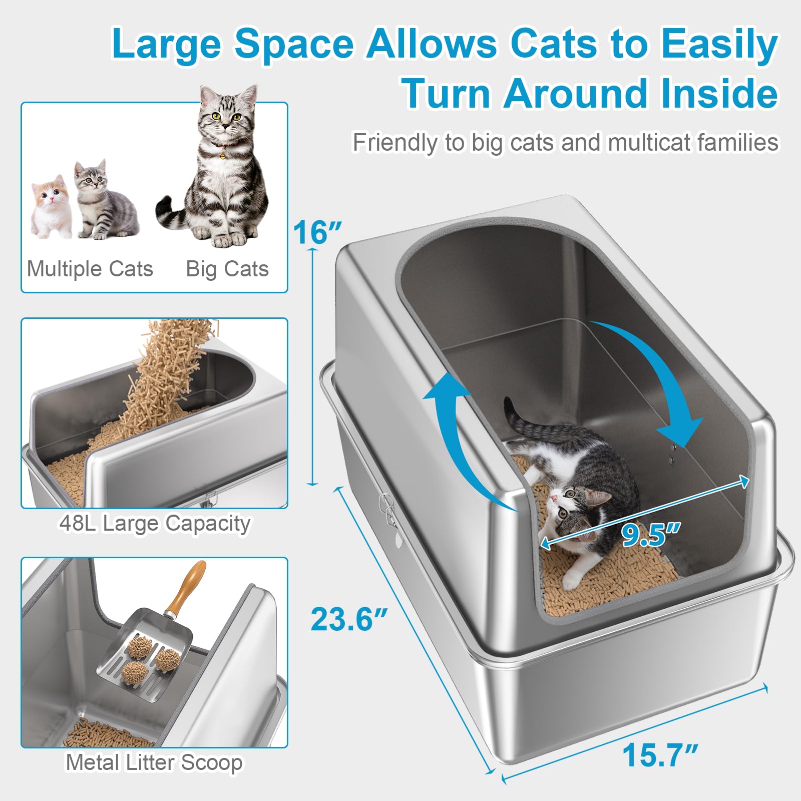 Extended lid seals gaps to minimize leaks and spills in Paulmele litter box.