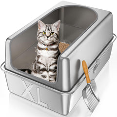 Paulmele stainless steel litter box with lid, closed view shows easy cleaning and odor resistance.