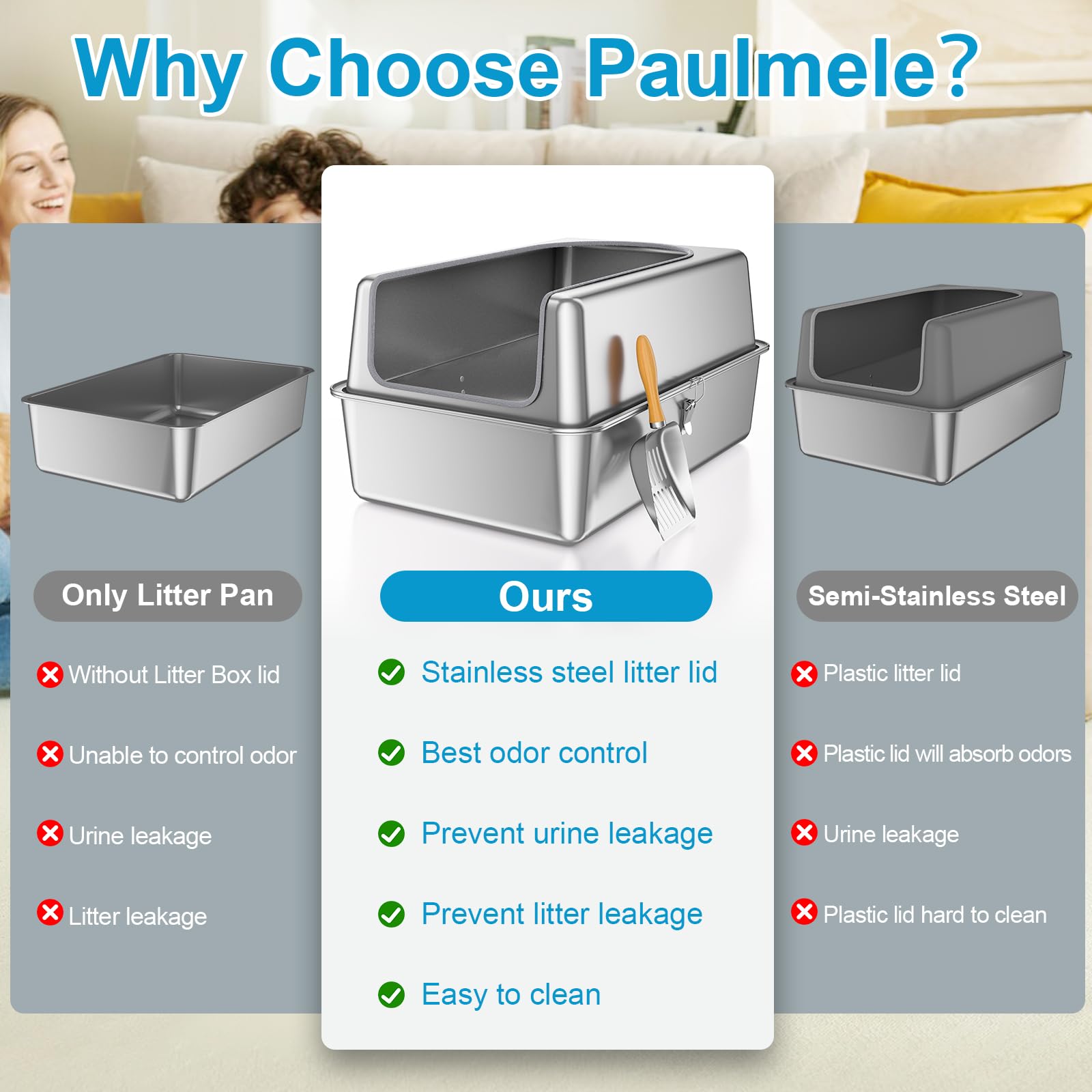 Paulmele XL litter box with high walls for large cats and roomy interior.