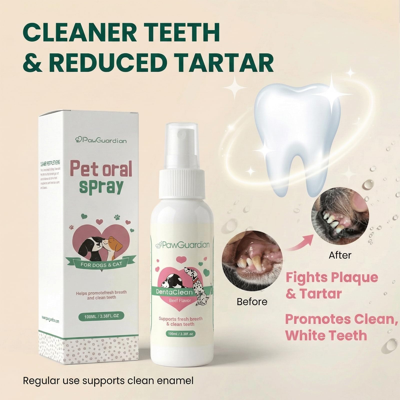 Paw Guardian probiotics spray application demonstrating oral care use.