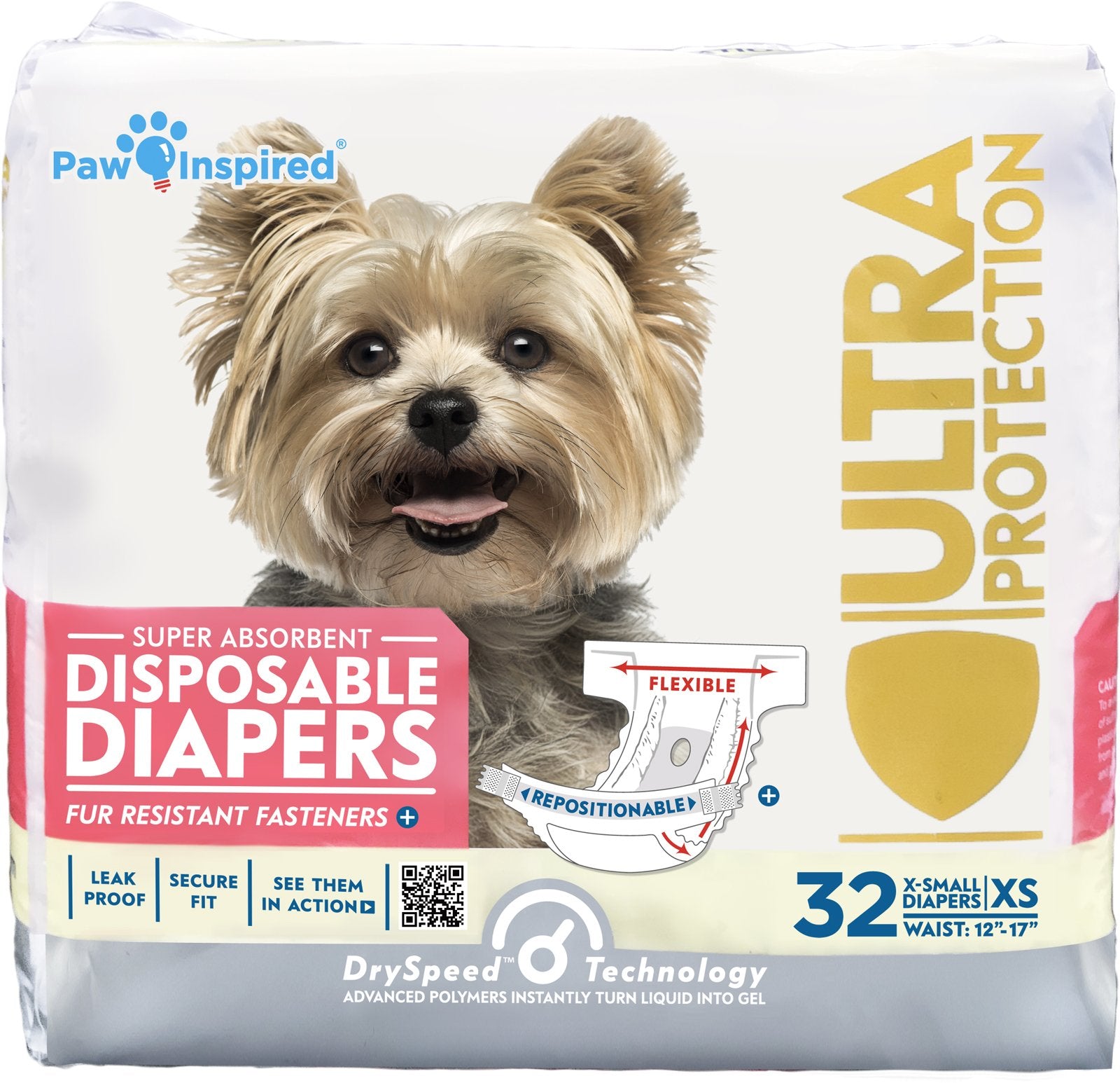Paw Inspired 32ct disposable dog diapers pack front for reliable daily protection.