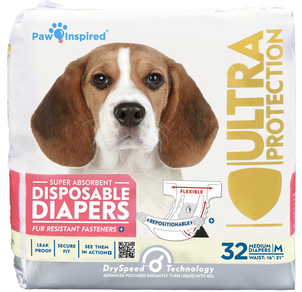 Paw Inspired 32ct disposable dog diapers package showing reliable protection