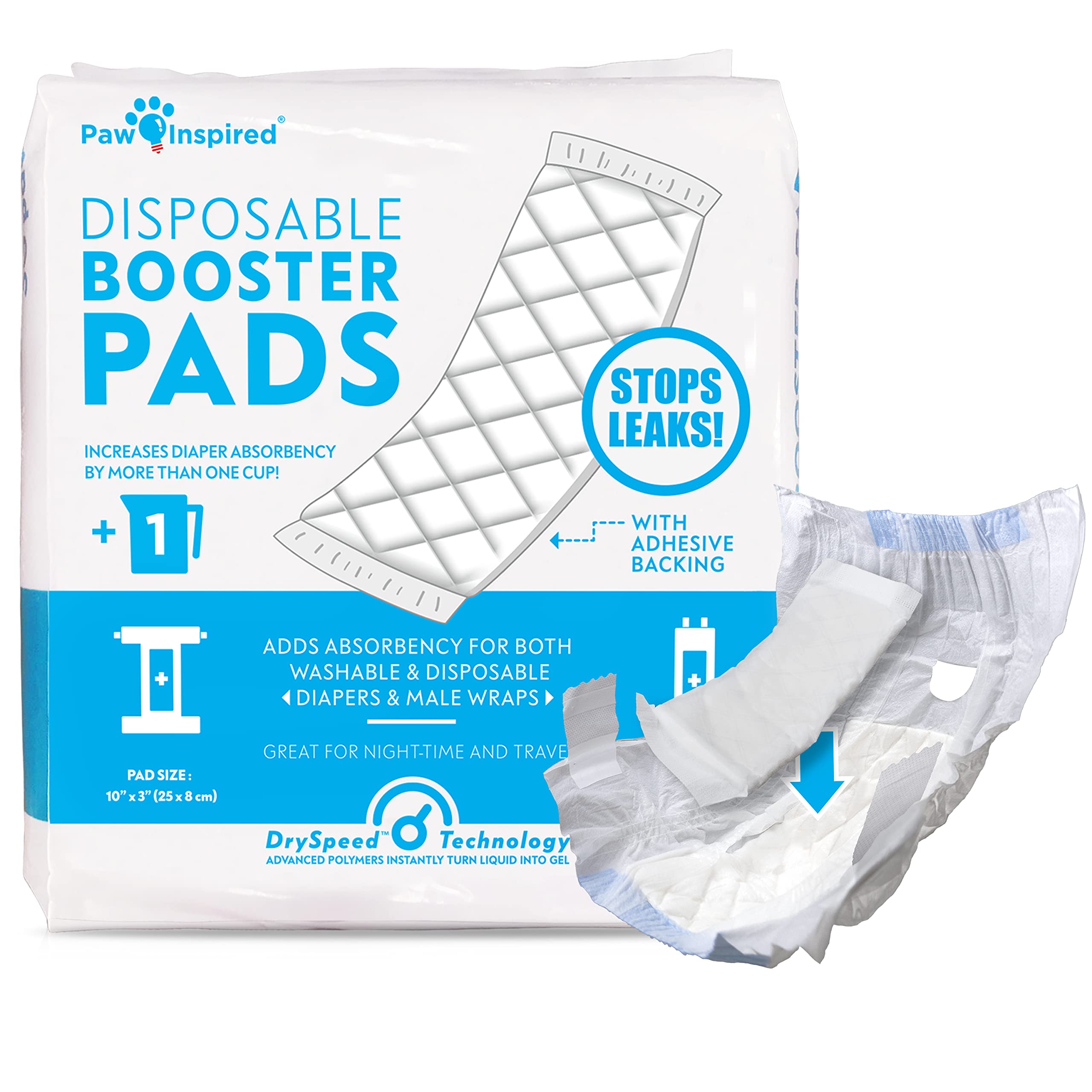 Paw Inspired booster pad inside diaper improves absorbency for longer wear.