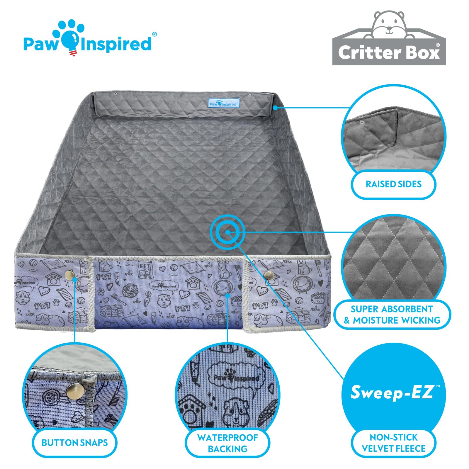 Paw Inspired Critter Box edge-protected pee pads promote tidy corners and containment.