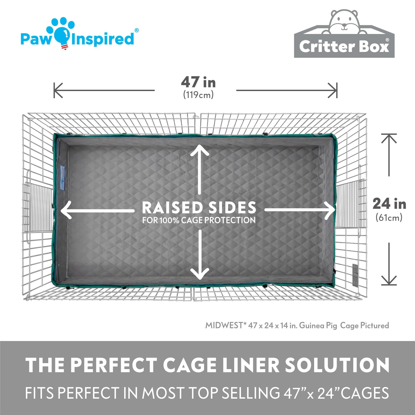 Paw Inspired Critter Box fits Midwest cages at 24x47 inches.