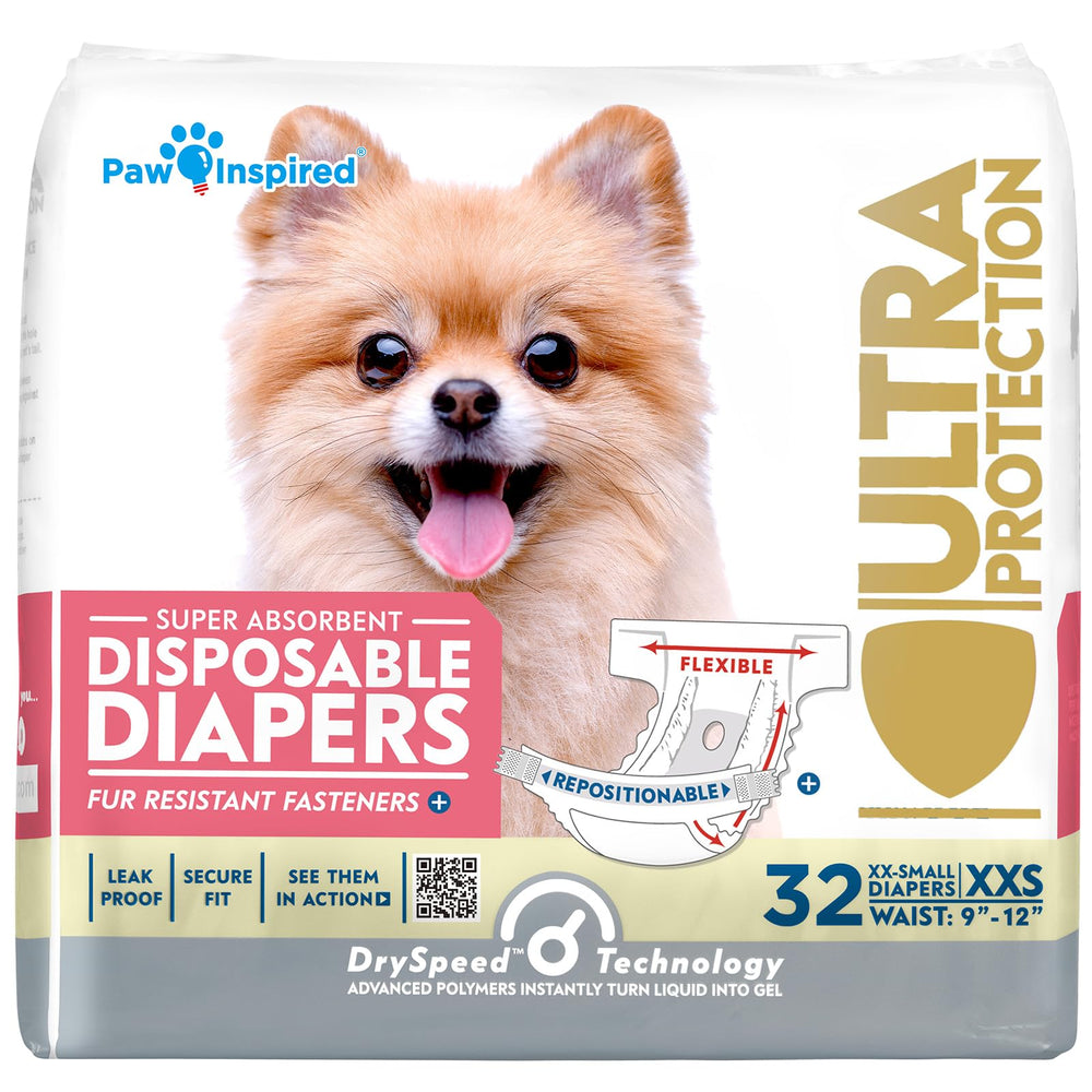 Paw Inspired XXS disposable dog diaper pack fits toy breeds securely.