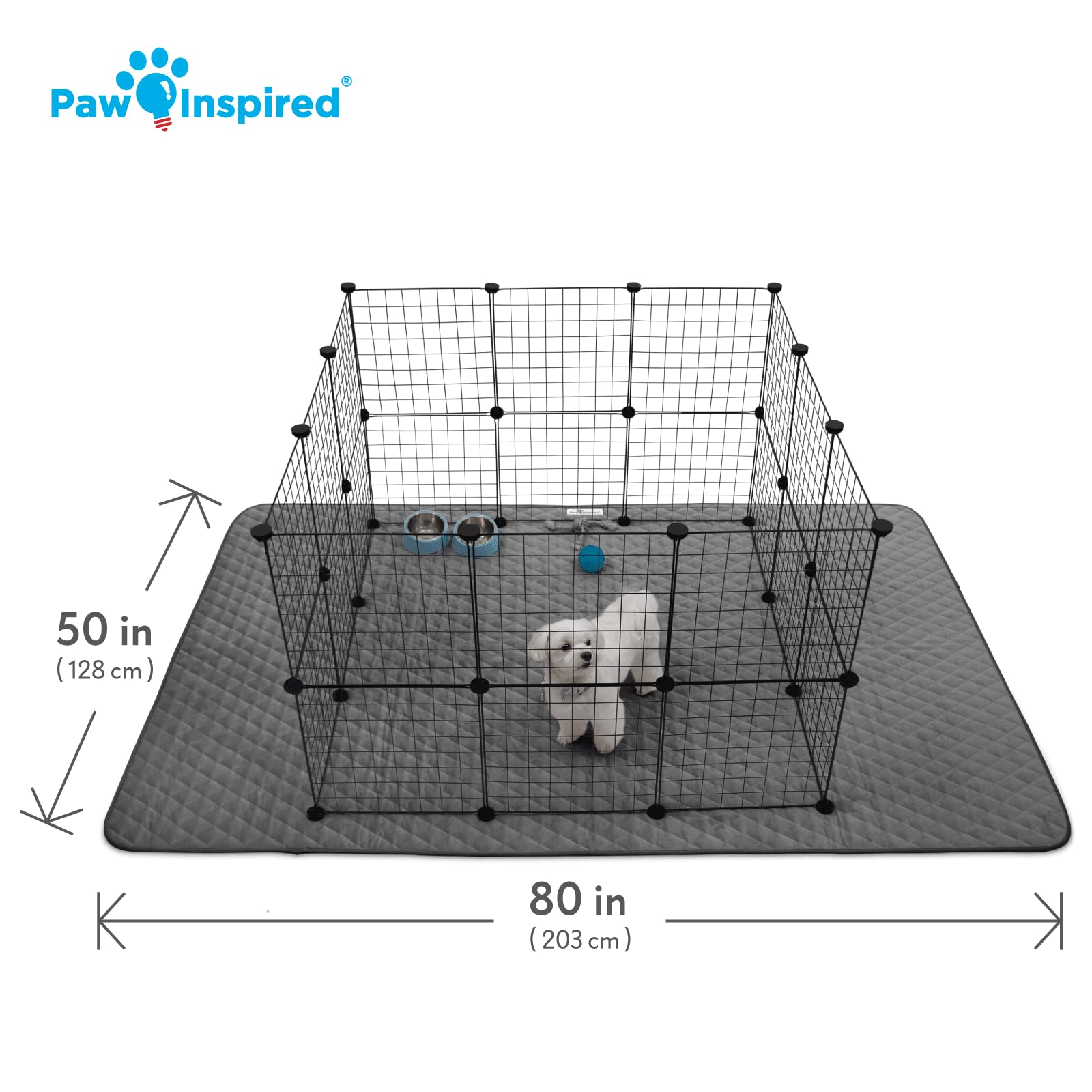 Paw Inspired playpen mat with waterproof backing protects floors from accidents.