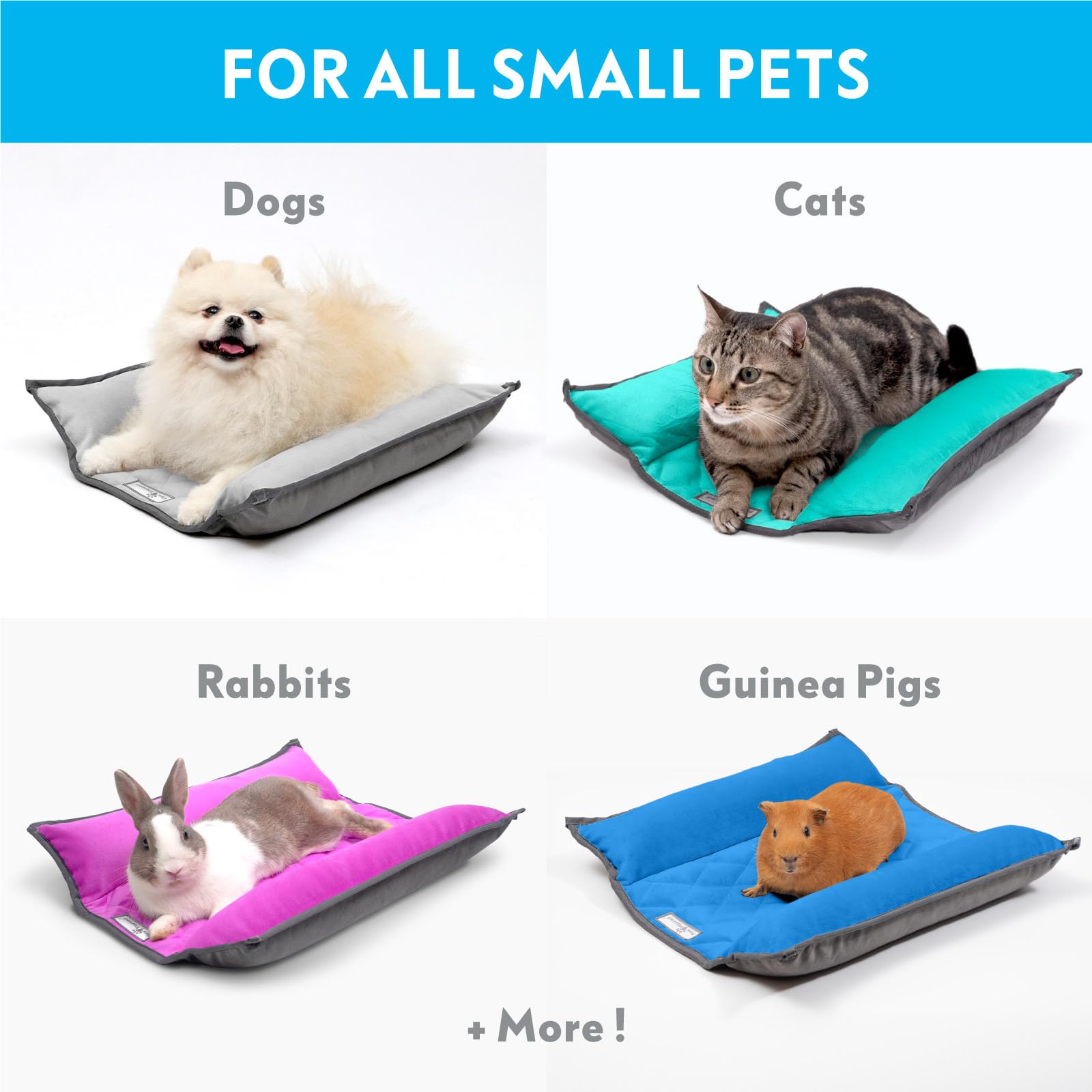 Reversible fleece design in beige/gray provides versatile, cozy sleeping spots for rabbits and cats.