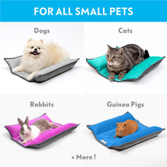 Reversible fleece design in beige/gray provides versatile, cozy sleeping spots for rabbits and cats.