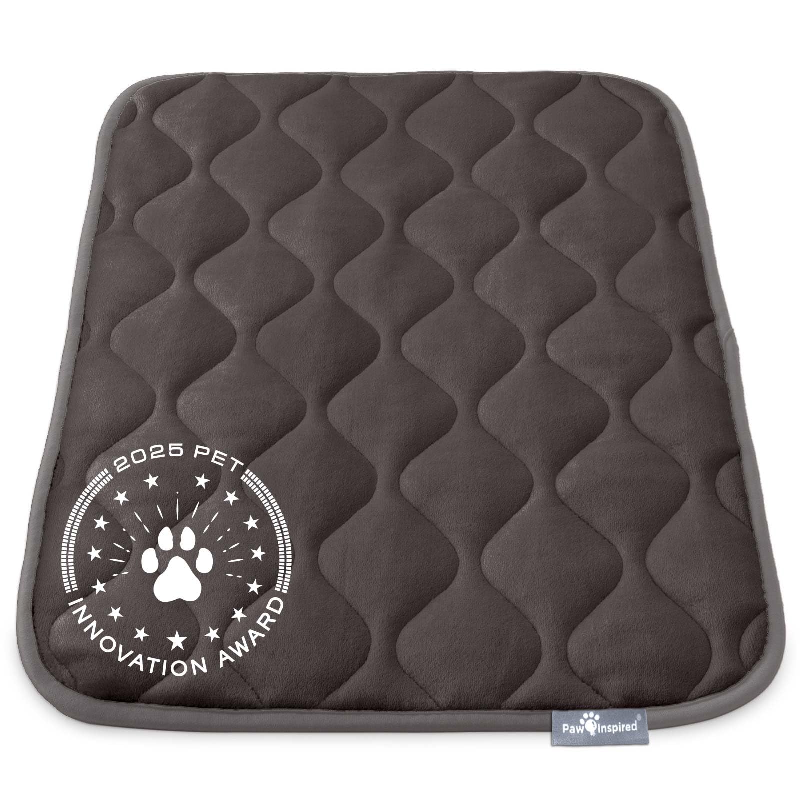 Paw Inspired washable crate mat with soft gray plush top for cozy crate lounging.