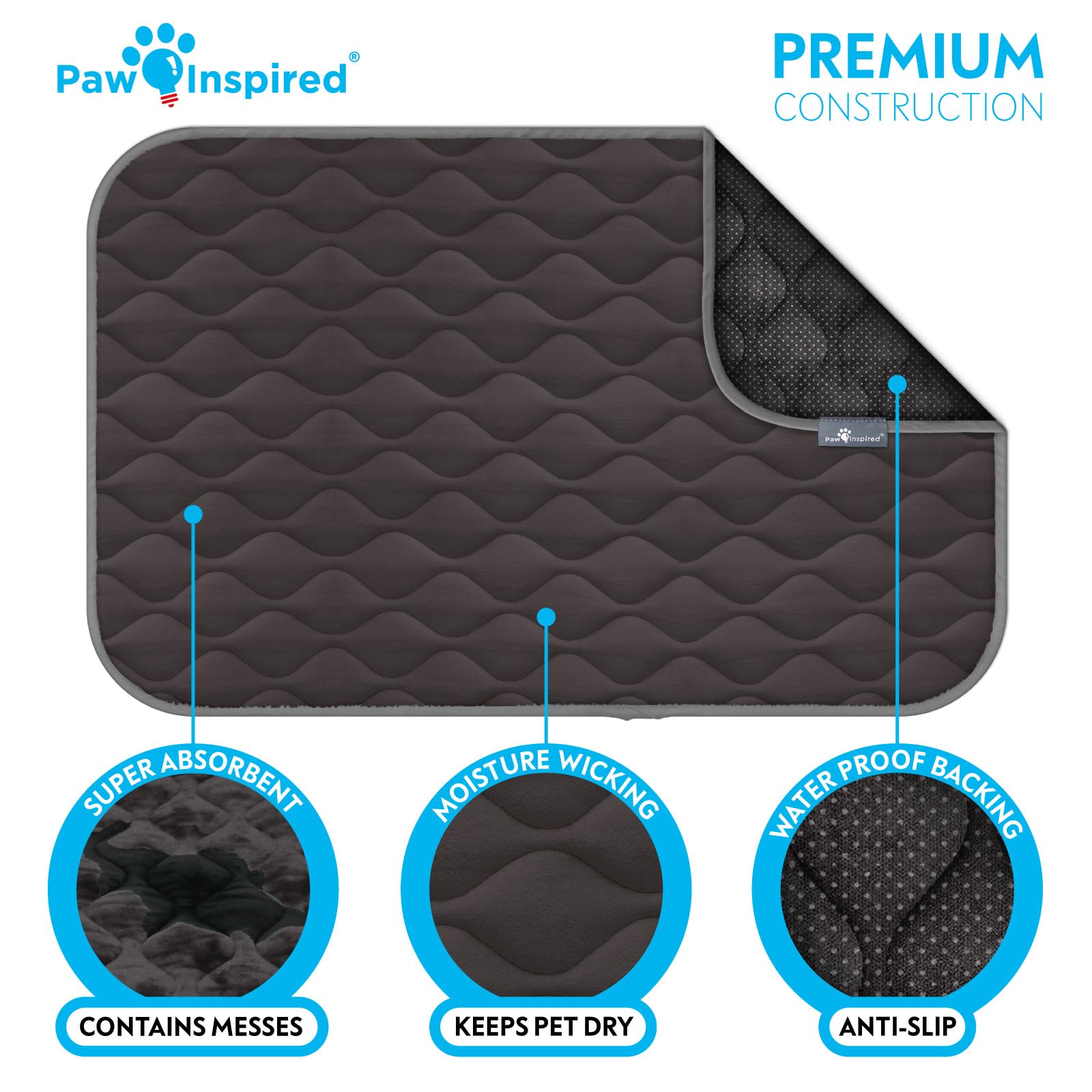 Paw Inspired gray multi-layer crate mat wicks moisture.