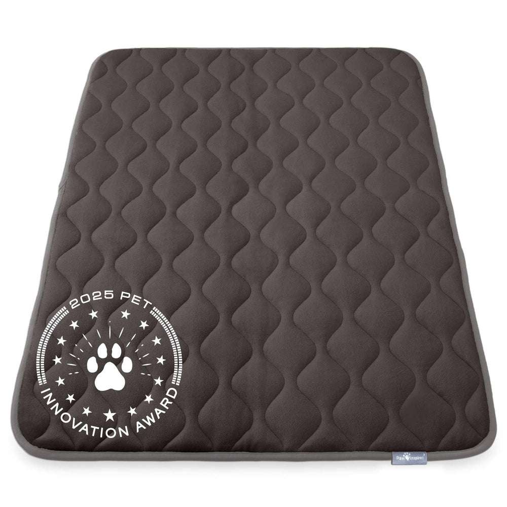 Paw Inspired gray top view crate mat for cozy dog resting.
