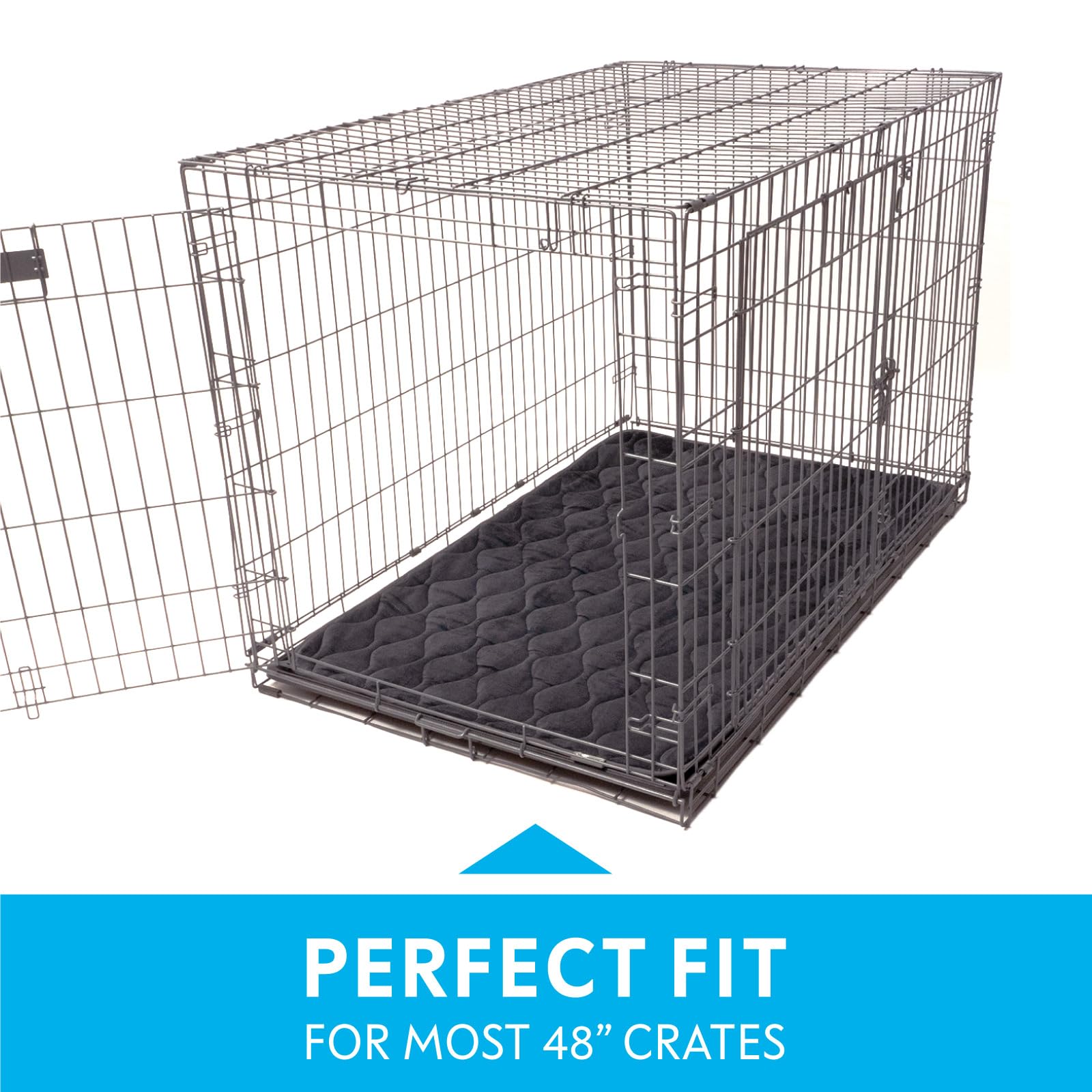 Paw Inspired gray crate mat with waterproof back protects crates.