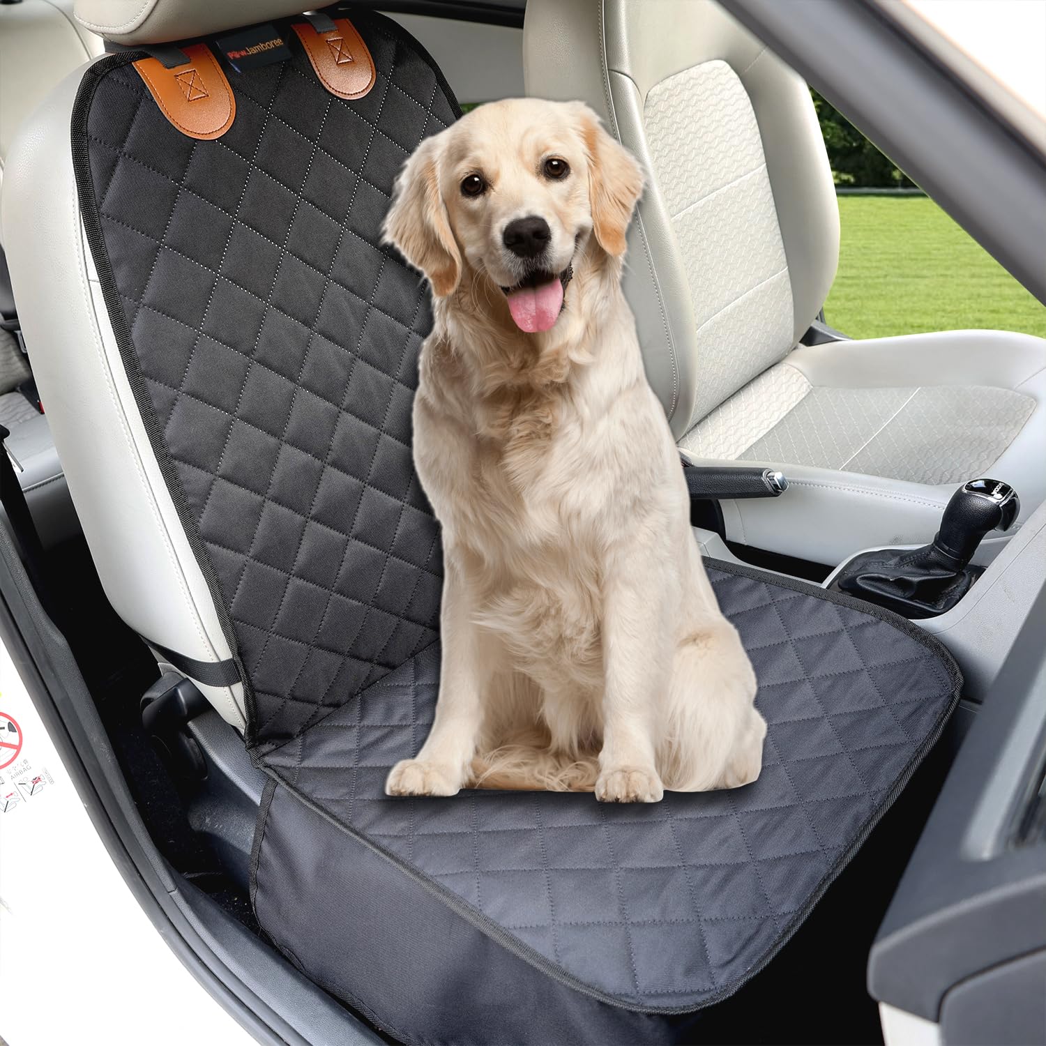 Paw Jamboree front seat cover for dogs—waterproof protection against spills and mud.