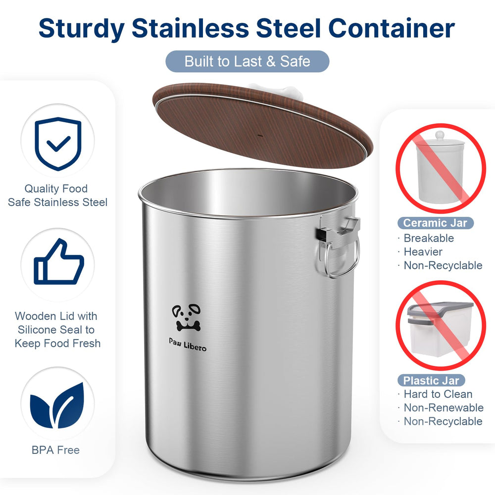 Paw Libero 25 lb capacity stores bulk dry food and more.
