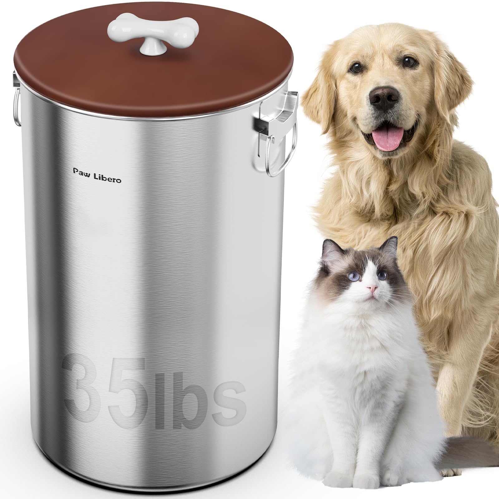 Paw Libero 35lbs stainless steel dog food container keeps kibble fresh.