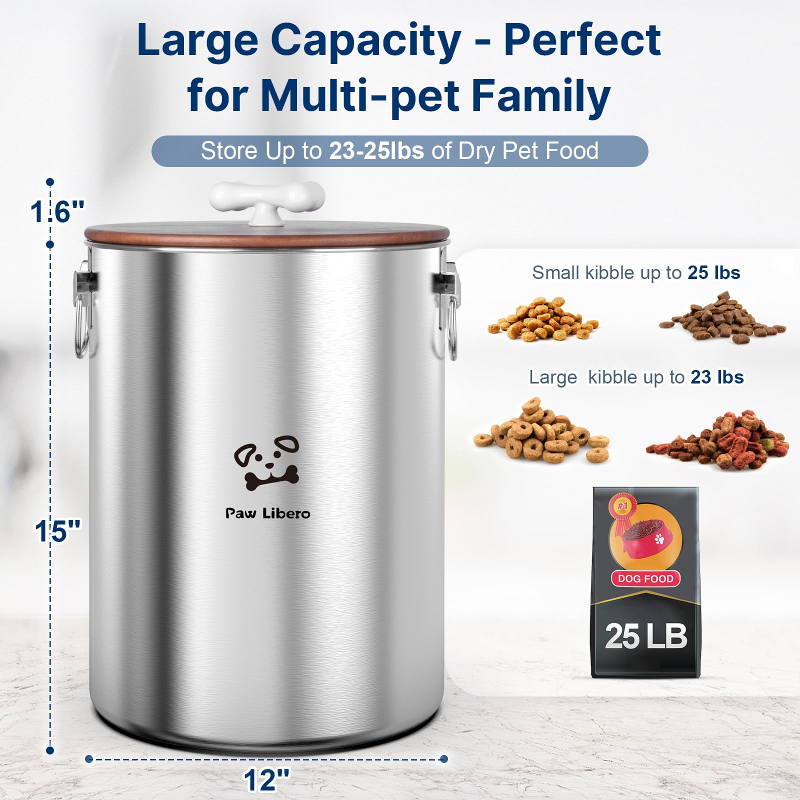 Paw Libero airtight wooden lid seals moisture and keeps kibble crunchy.