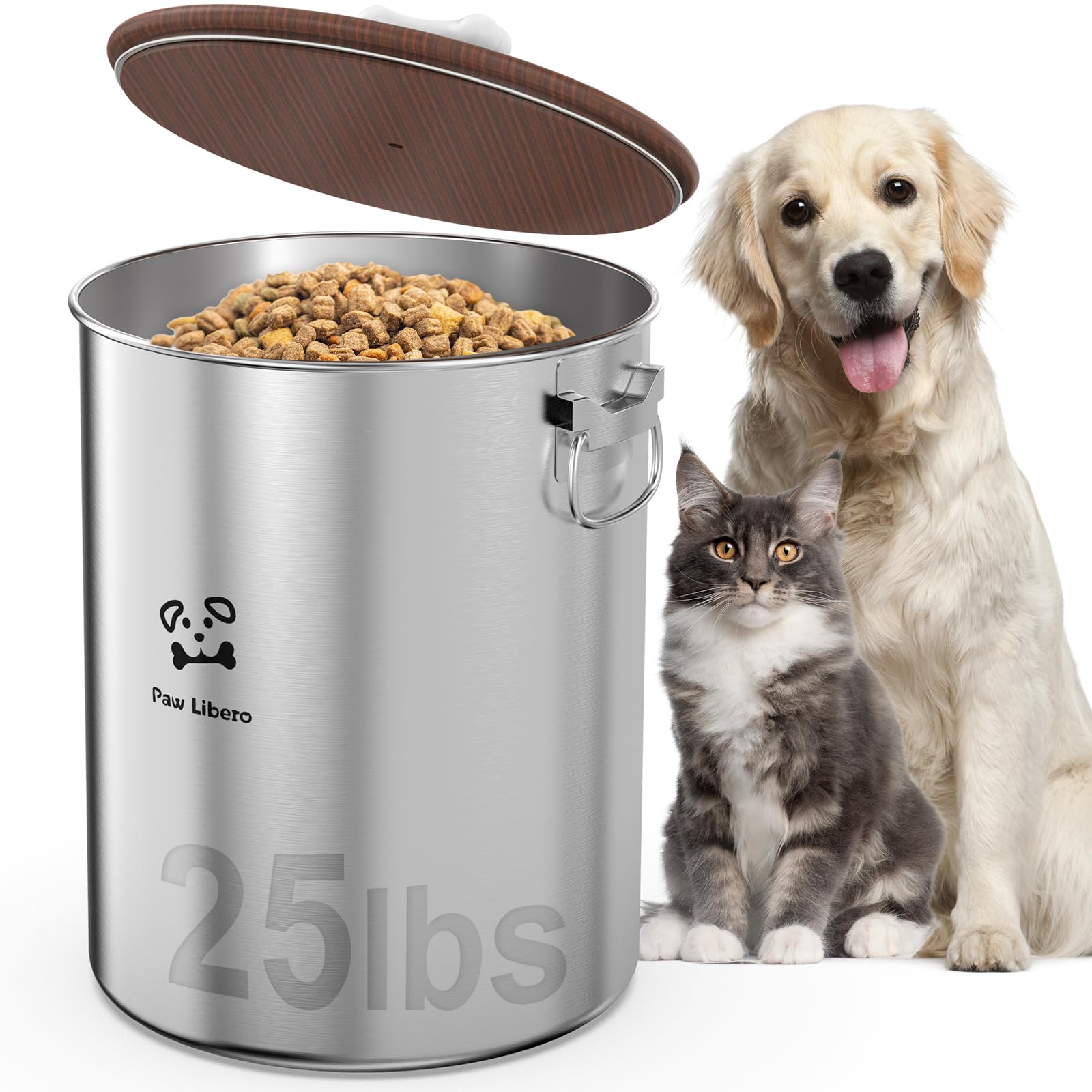 Paw Libero stainless steel dog food bin with lid for fresh kibble.