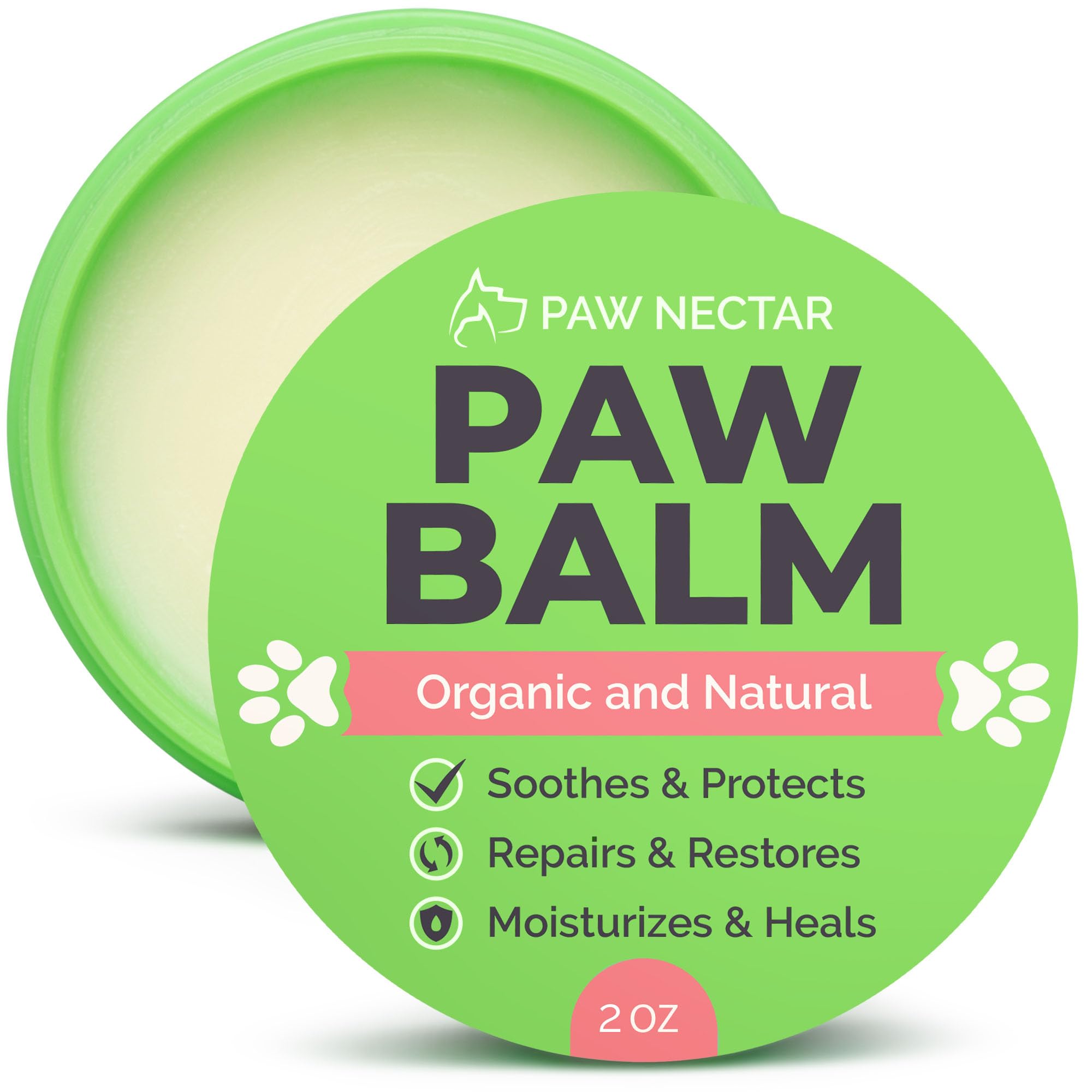 Paw Nectar natural paw balm jar showing moisturizing action on dry paws