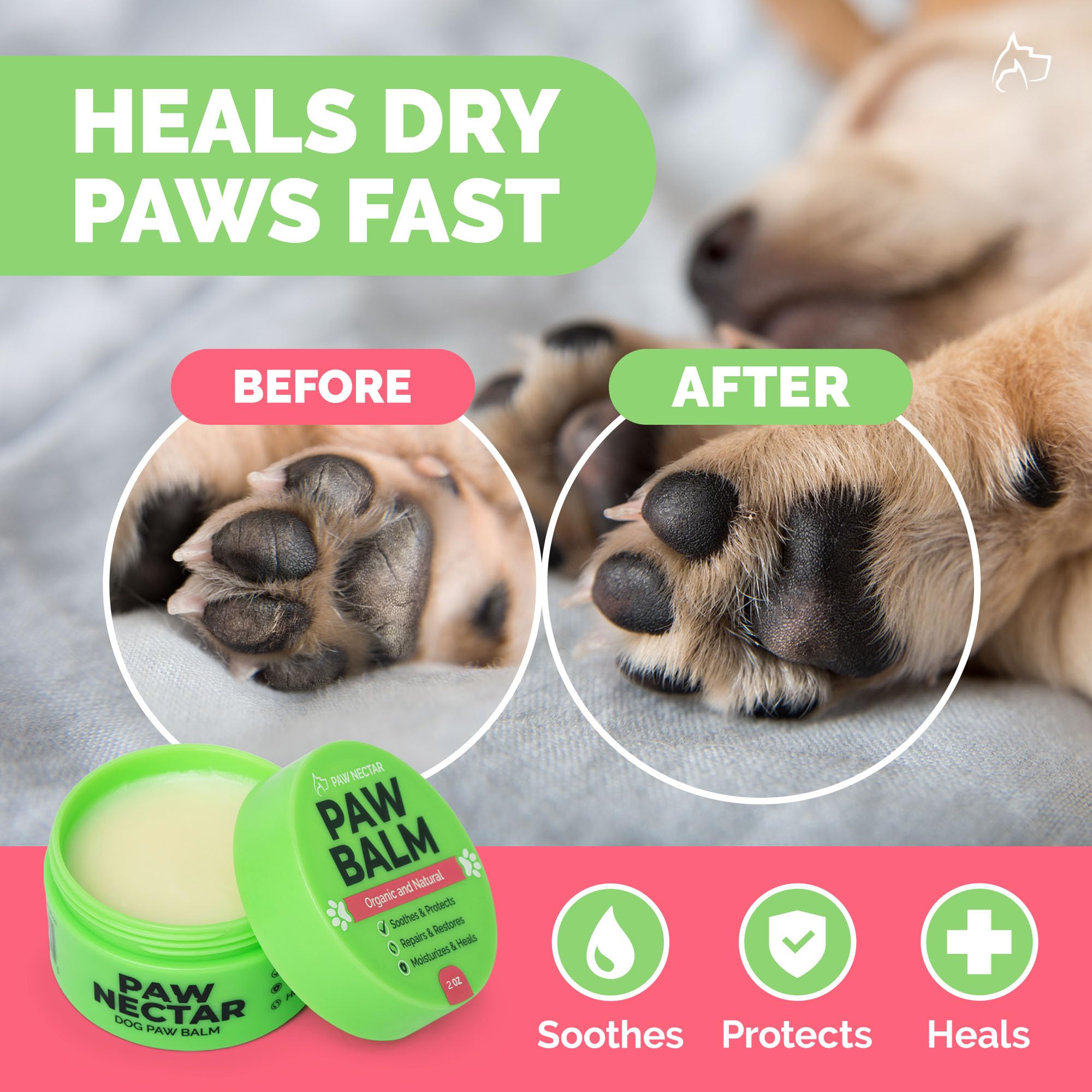 Paw Nectar organic paw balm applied to a dog's paw for dryness relief