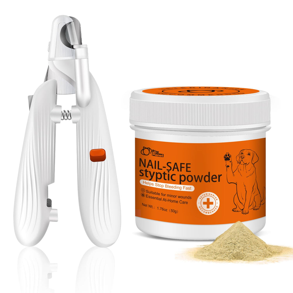 PAW PLANET Styptic Powder bottle close-up showing fast-acting relief for minor nail bleeds.