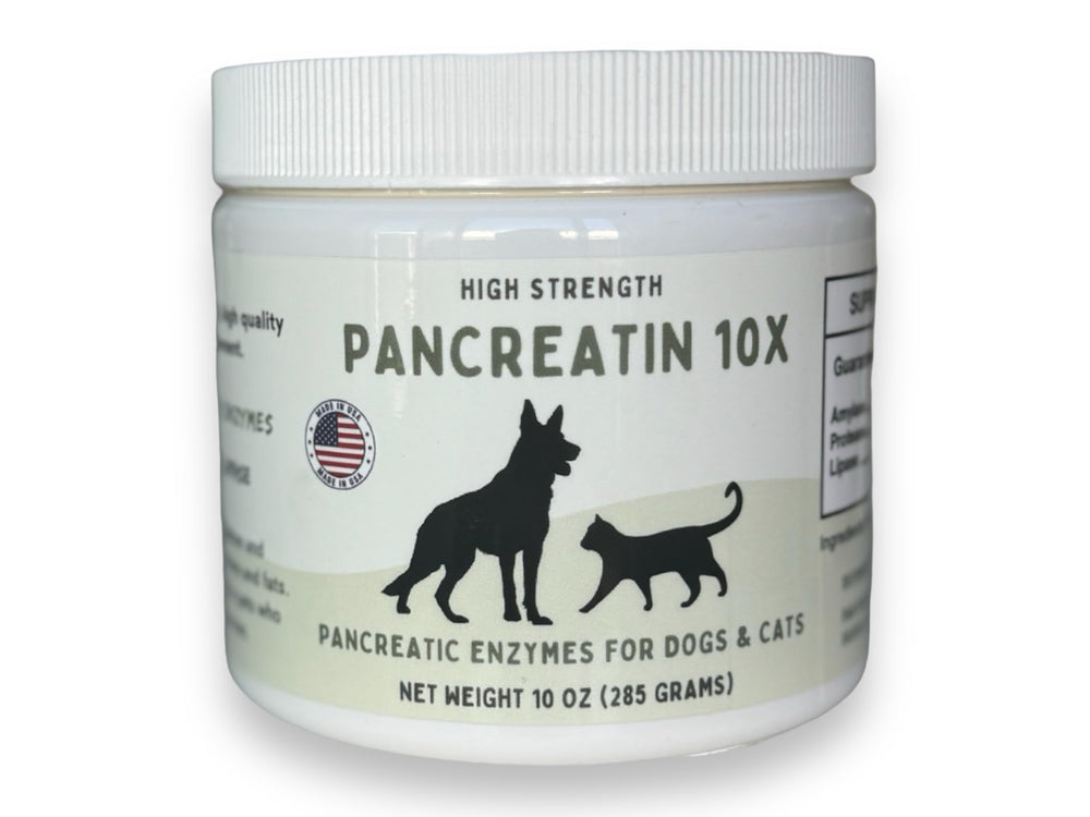 Paw Vitality Pancreatin 10X bottle front view highlighting high-strength enzymes for pets