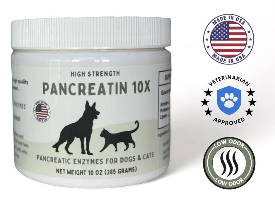 Paw Vitality Pancreatin 10X label close-up emphasizing USA-made, high-quality standards
