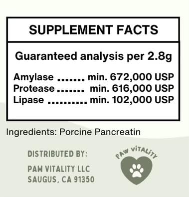 Paw Vitality Pancreatin 10X powder in a scoop over a pet dish