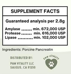 Paw Vitality Pancreatin 10X powder in a scoop over a pet dish