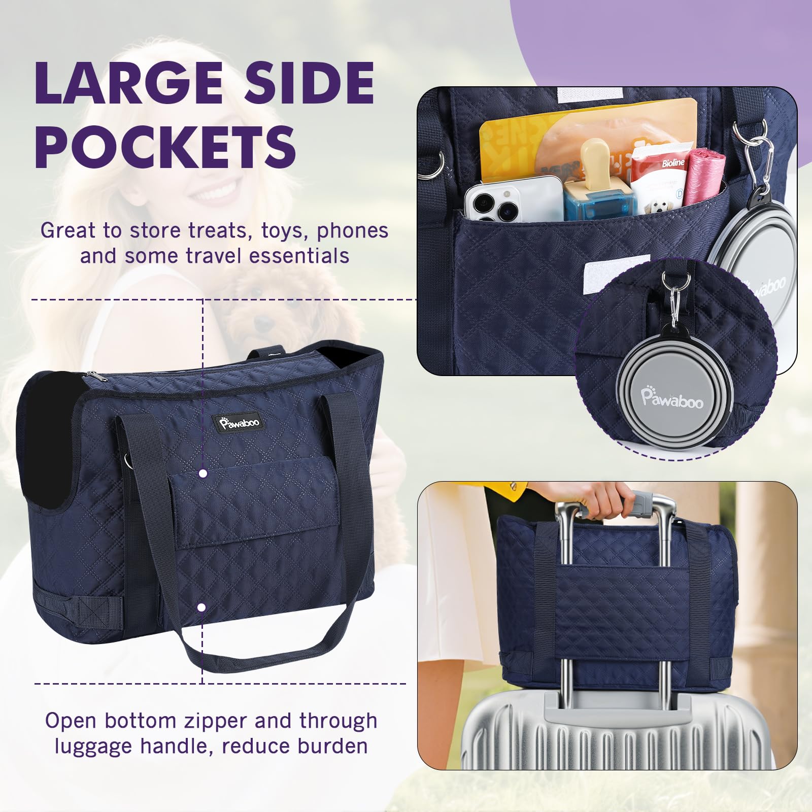 Pawaboo dog carrier showing front and back pockets for essentials.