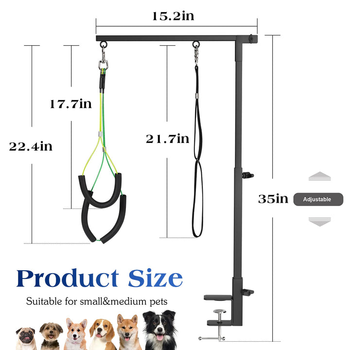 Pawaboo grooming arm clamp attaches securely to wood or marble tables.
