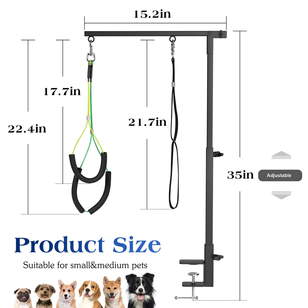 Pawaboo grooming arm clamp attaches securely to wood or marble tables.