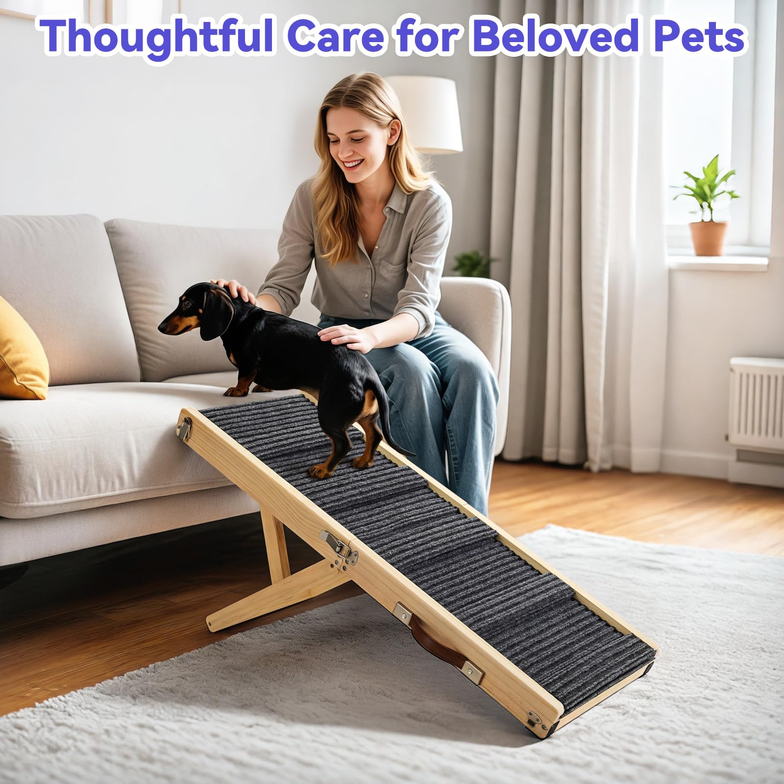 Pawaboo dog ramp used on sofa by a small dog.
