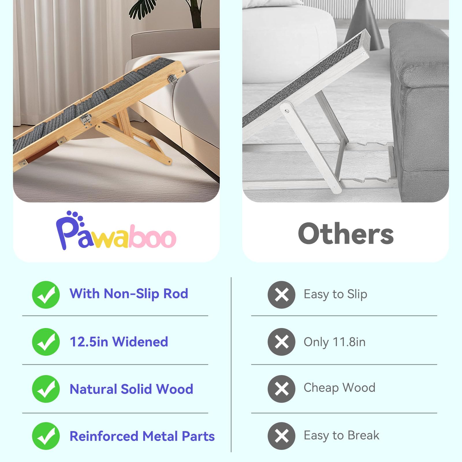 Pawaboo dog ramp with wide stabilizing legs for stability.