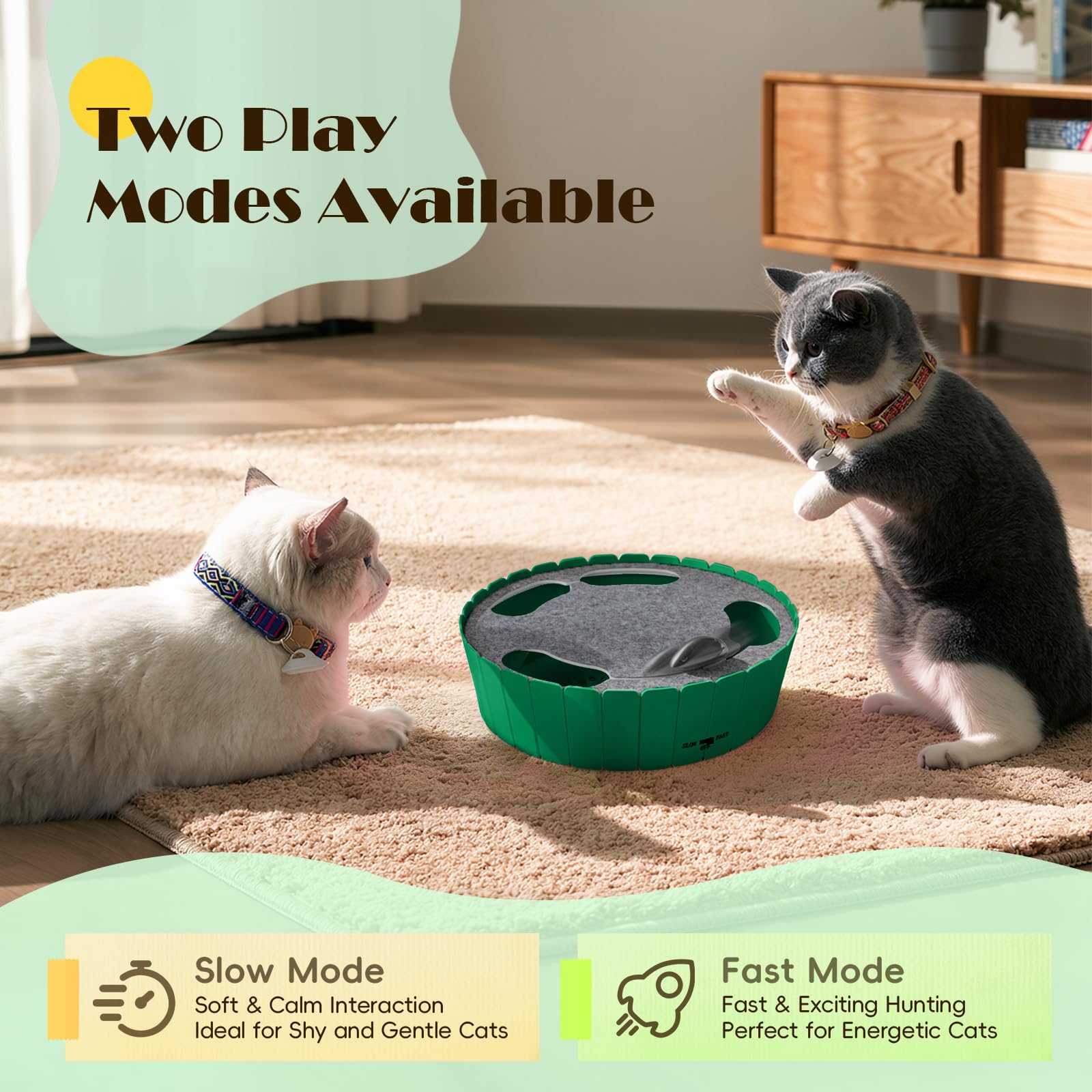 Pawaboo interactive cat toy with running mouse, angle 4, safe design supports gentle chases and bursts.