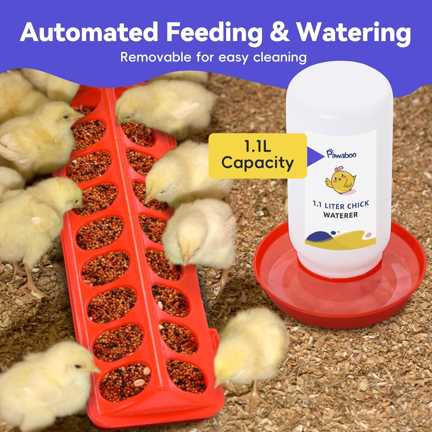 Pawaboo 1.1L waterer with enlarged tray for easy drinking.