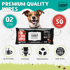Pawadise Shoo! wipes close-up shows plant-based formula and aloe vera.