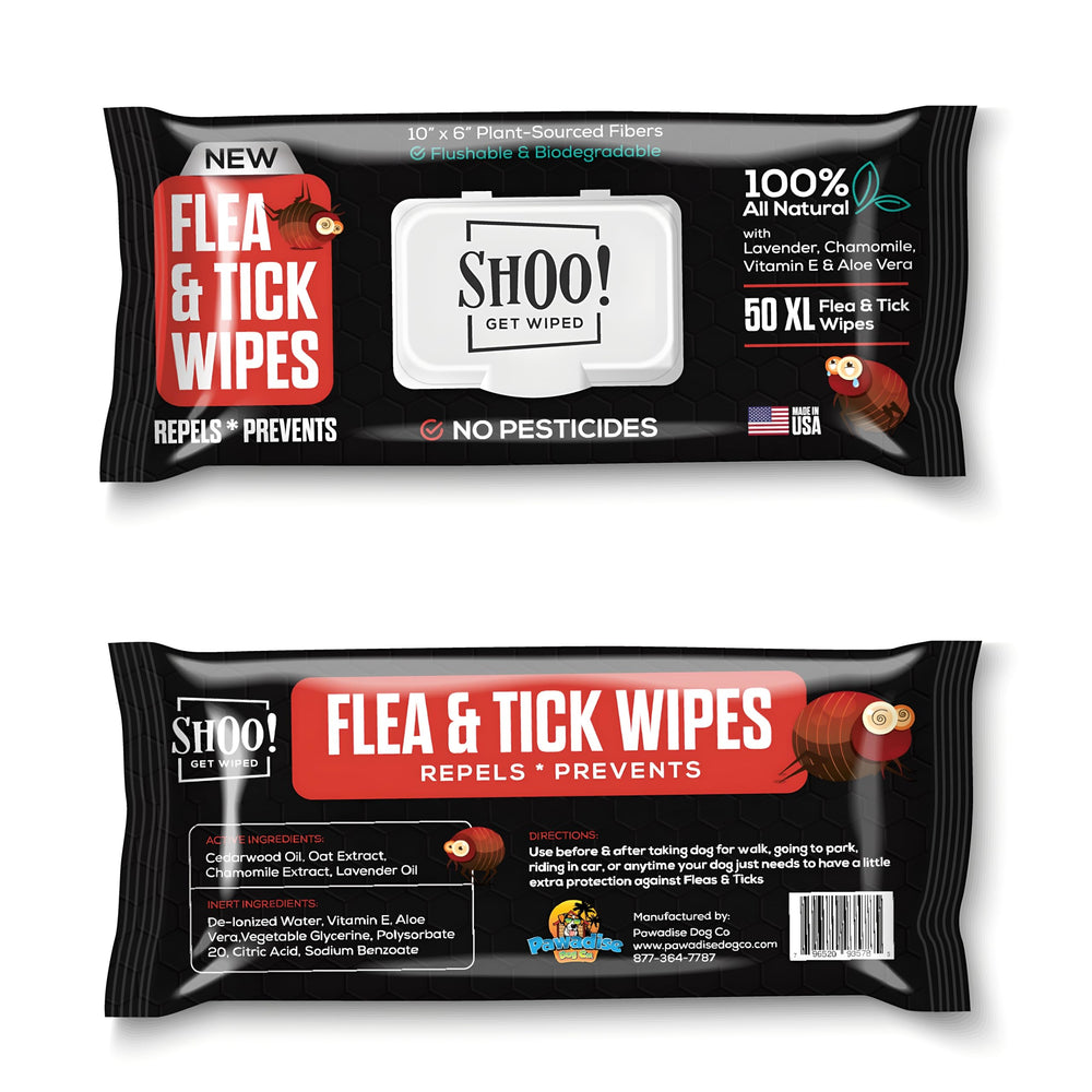 Pawadise Shoo! wipes packaging with lavender scent for natural pest protection.