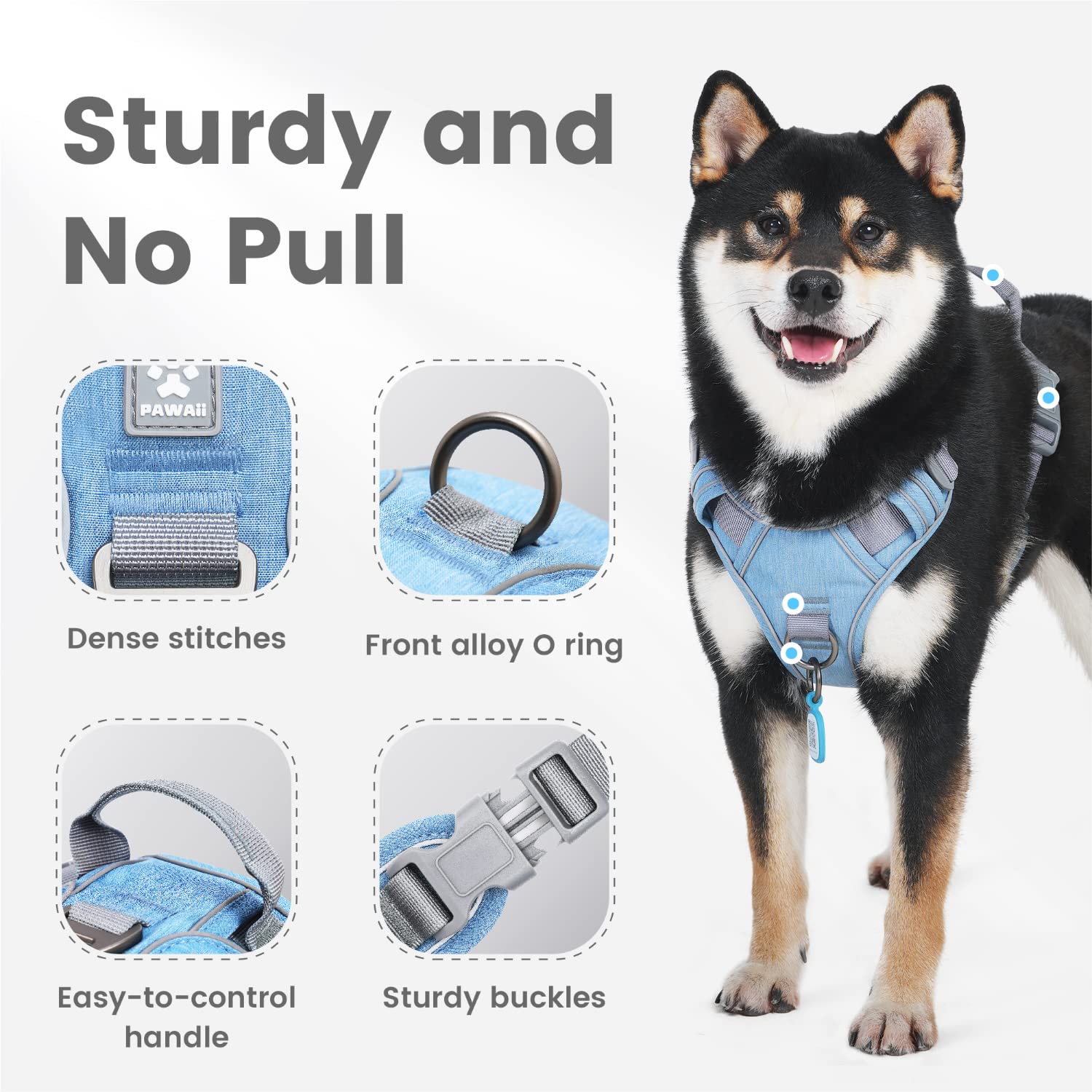 Pawaii harness shows bright reflective strips for night visibility.