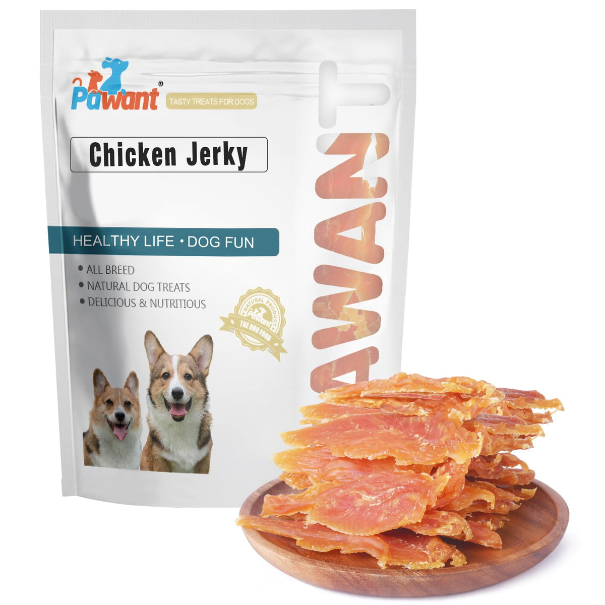 Pawant Chicken Jerky dog treats pack front highlighting high-protein snack for training