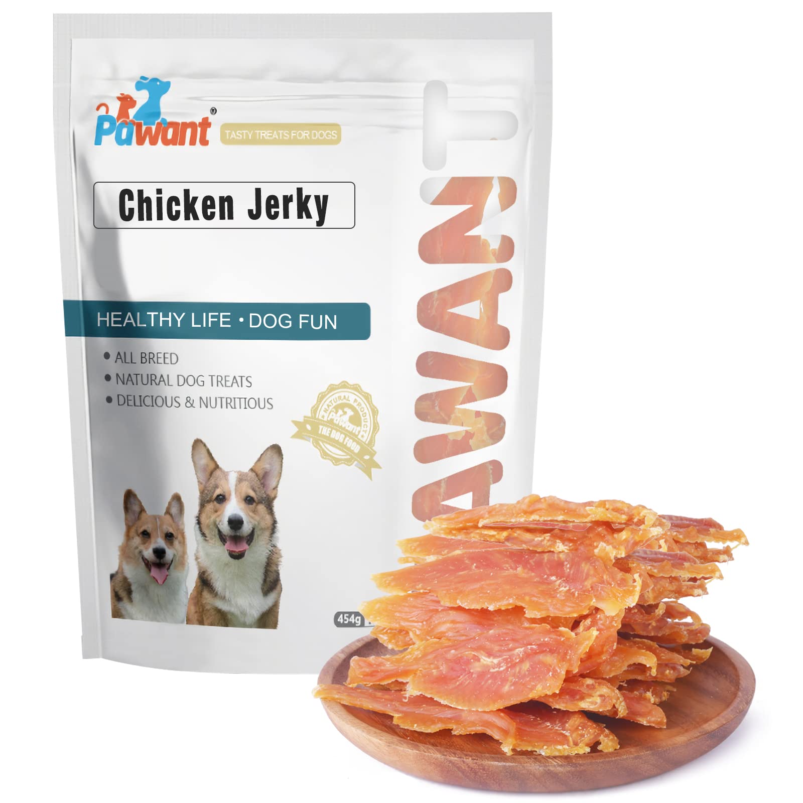 Pawant Chicken Jerky packaging shows a durable bag for training rewards.